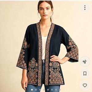 Soft Surroundings Black and Multicolor Embroidered Kimono Cardigan size Large